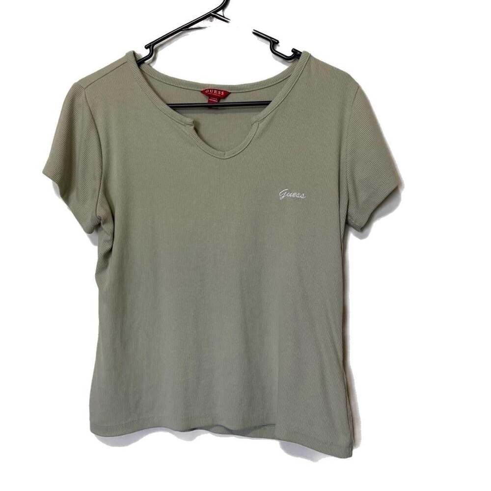 GUESS Los Angeles Women's Ribbed V-Neck Short Sleeve Embroidered Logo Tee